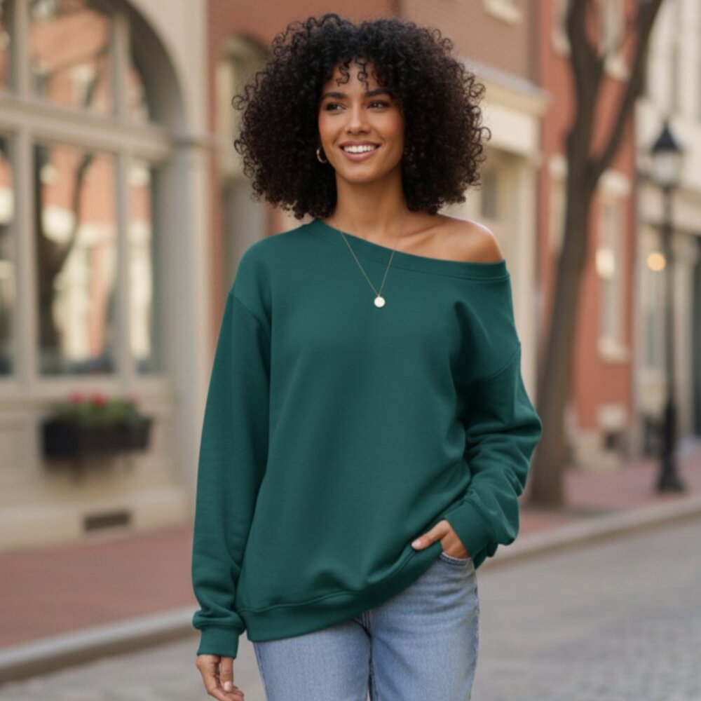 Effortlessly Chic Off-Shoulder Green Sweatshirt